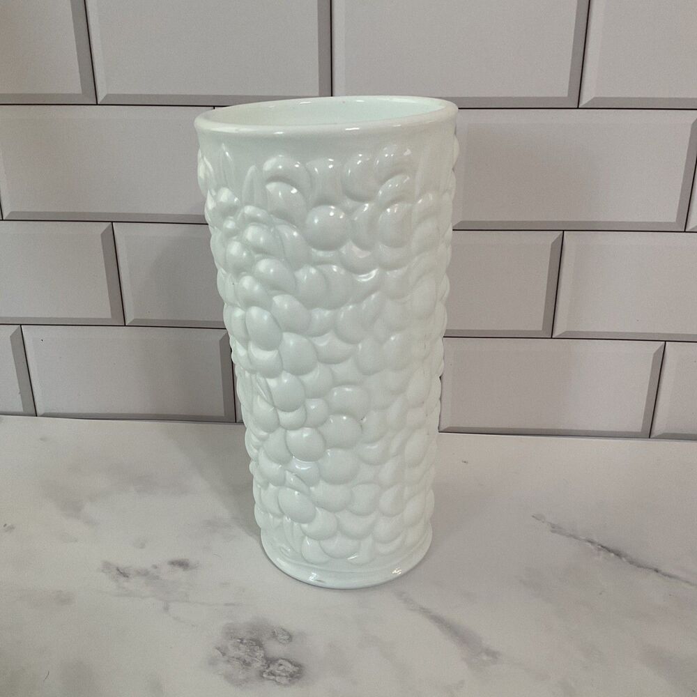 Vintage Milk Glass Grapes & Vines VASE 7.5” Tall 3.75” Round
